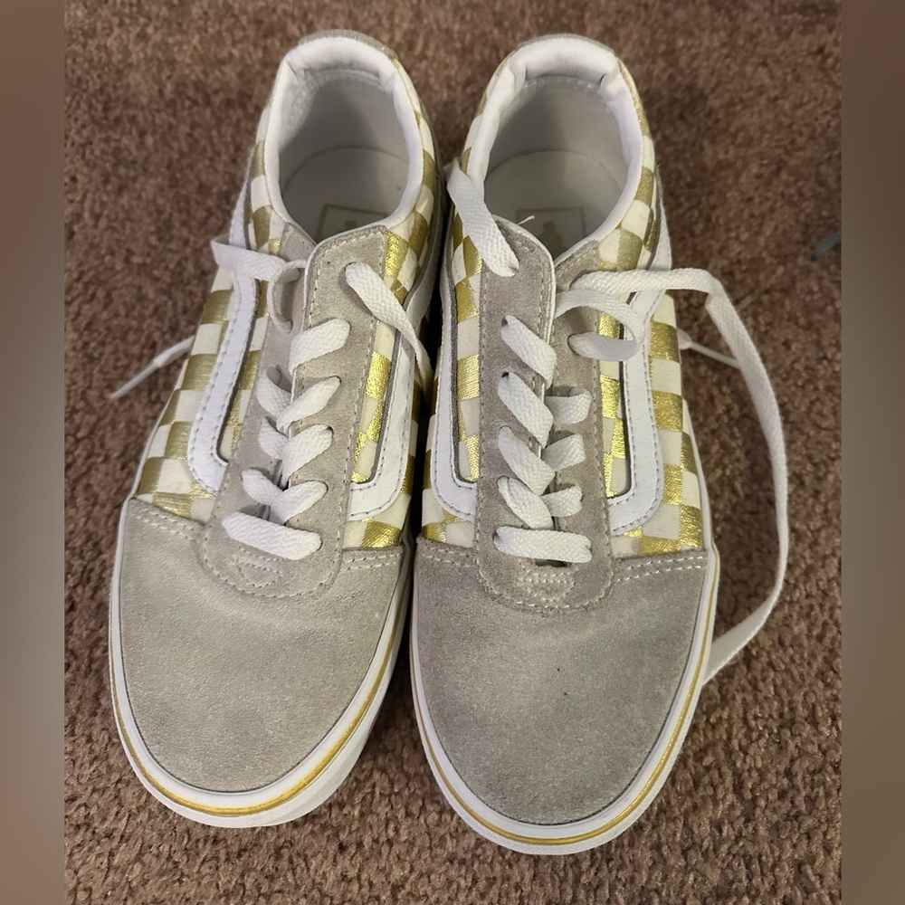Vans Asher Women’s Gold Laced Canvas Checkered Skate Slip On Shoes Size 6